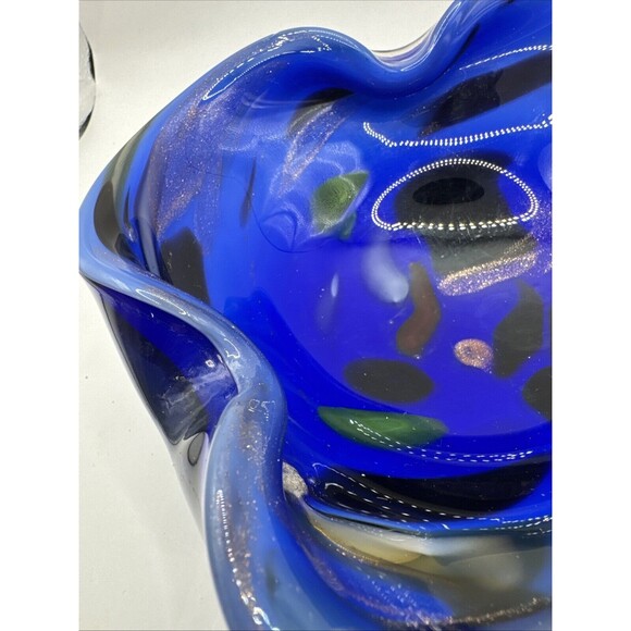 Vintage MCM Blue Glass Ashtray Murano Cobalt Blue Aqua Glitter Triangular - Picture 8 of 8